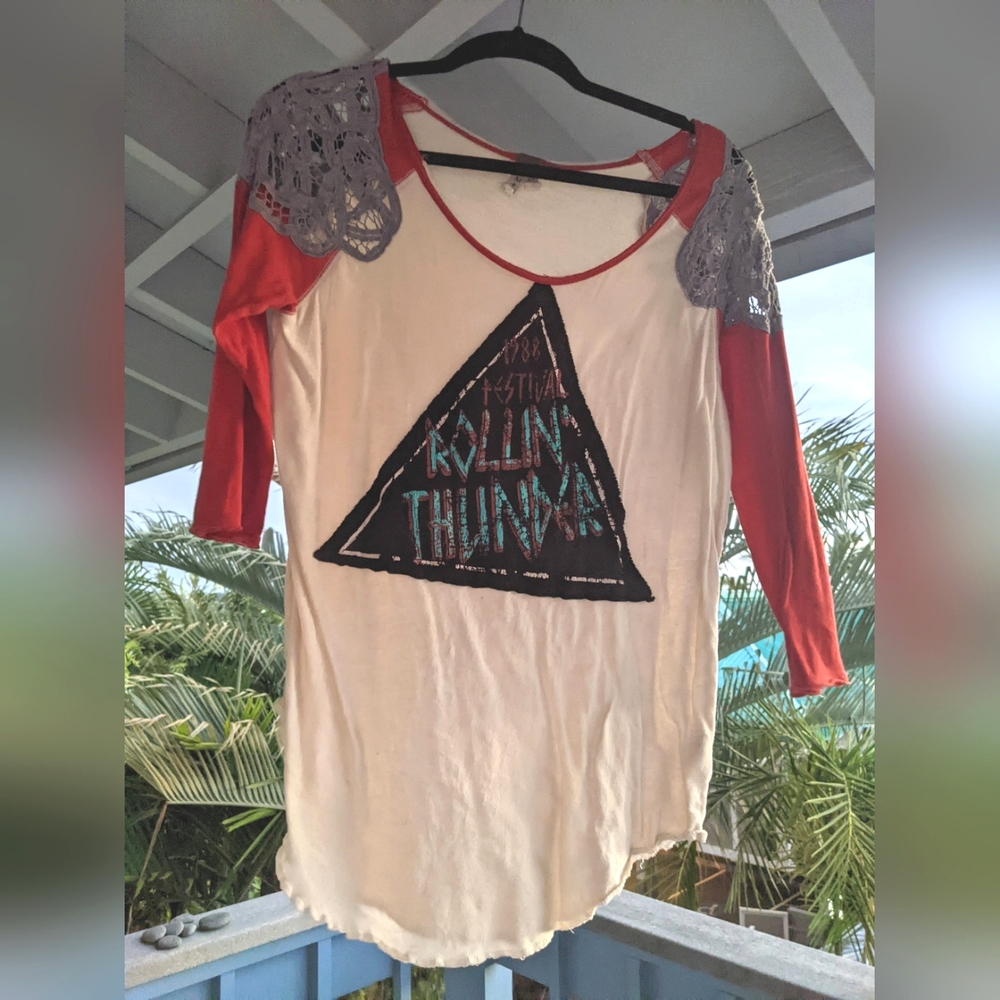 We the Free baseball tee with band graphic & crochet shoulder, Size L